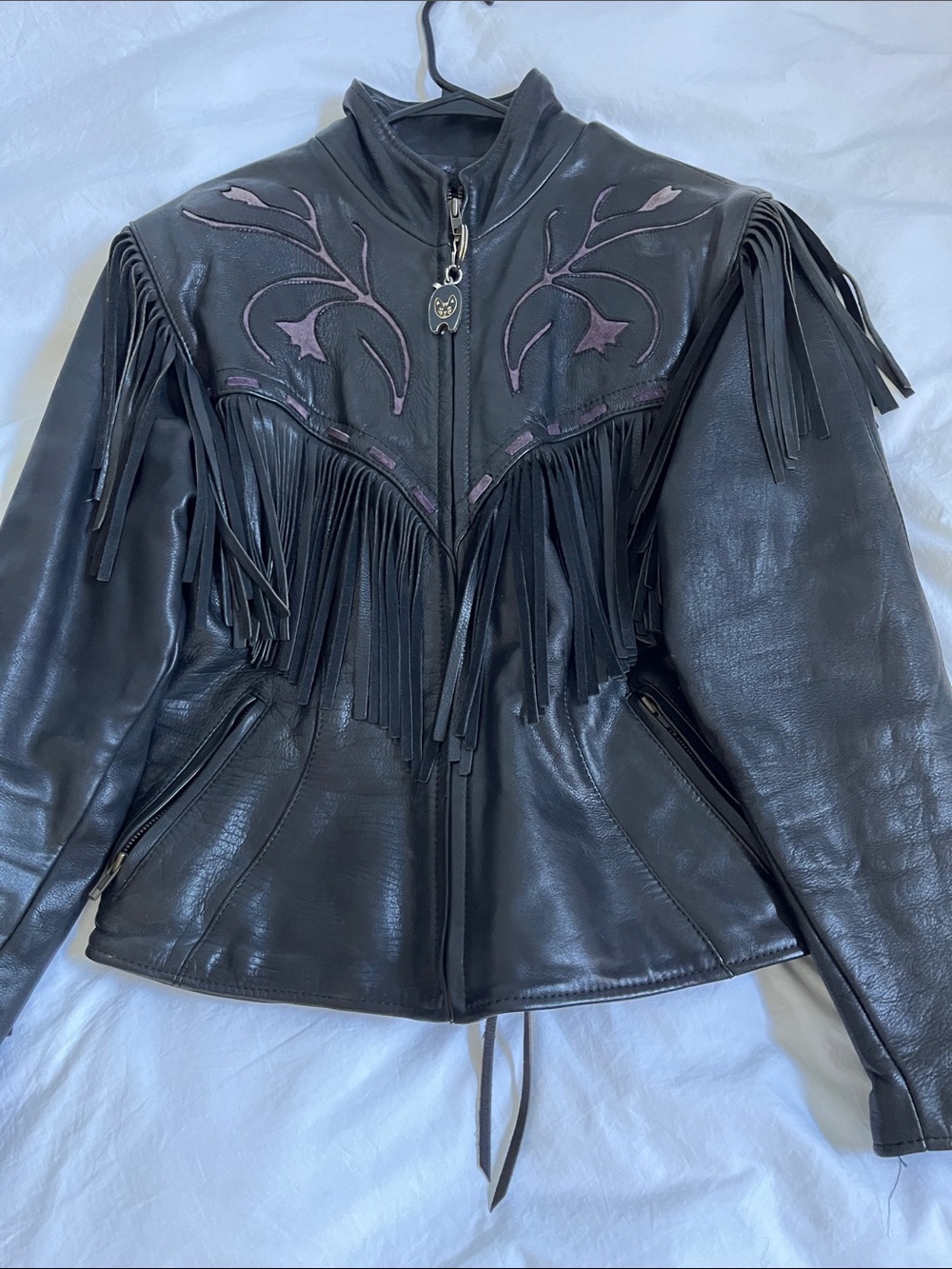 vintage black leather fringe jacket purple floral inlay feminine floral designs